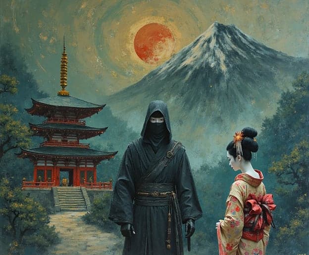 Hooded Ninja Geisha Pagoda Red Moon Snowcapped Mountain