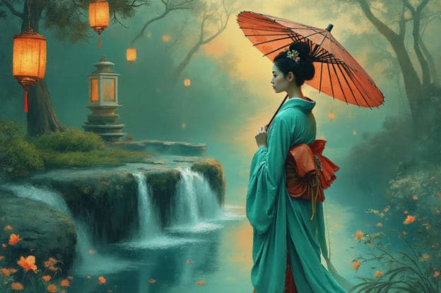 Geisha Teal Robe Red Umbrella Waterfall Lanterns Misty Garden
