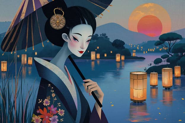 Stylized Geisha Floating Lanterns Lake Sunset Hills