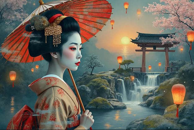 Geisha Red Umbrella Torii Gate Waterfall Lanterns Cherry Blossoms