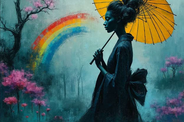 Silhouette Geisha Yellow Umbrella Rainbow Blossom Trees
