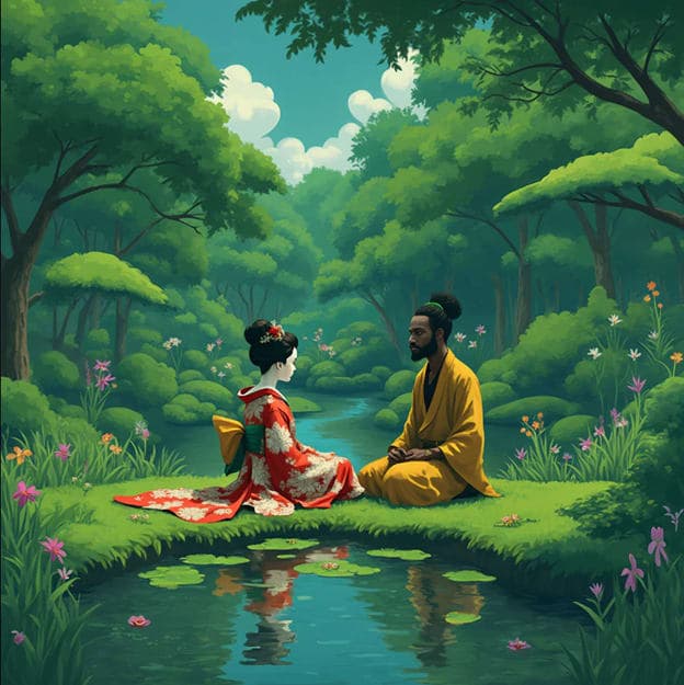 Geisha Man Seated Pond Lush Green Forest Illustration