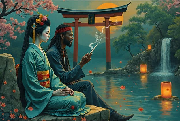 Geisha Man Smoking Torii Gate Waterfall Lanterns Blossoms