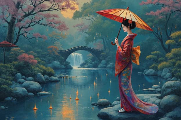 Geisha Red Umbrella Arched Bridge Waterfall Floating Lanterns