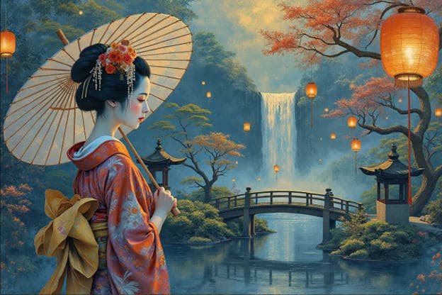Geisha Cream Umbrella Orange Kimono Waterfall Bridge Pagoda Lanterns