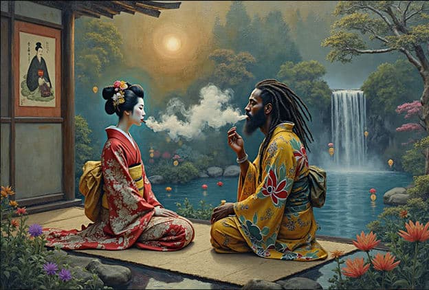 Geisha Man Smoking Indoor Scroll Portrait Pond Waterfall