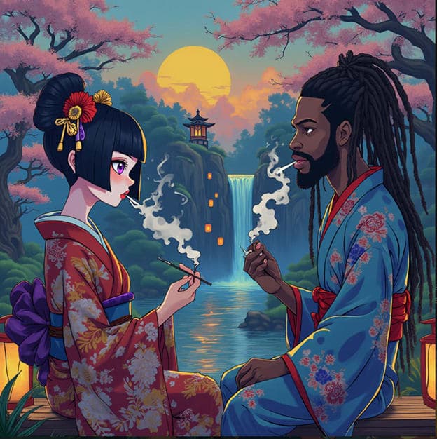 Anime Geisha Man Smoking Waterfall Pagoda Cherry Blossoms Moon