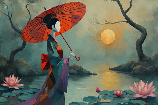 Geometric Geisha Red Umbrella Lily Pond Bare Trees Moon