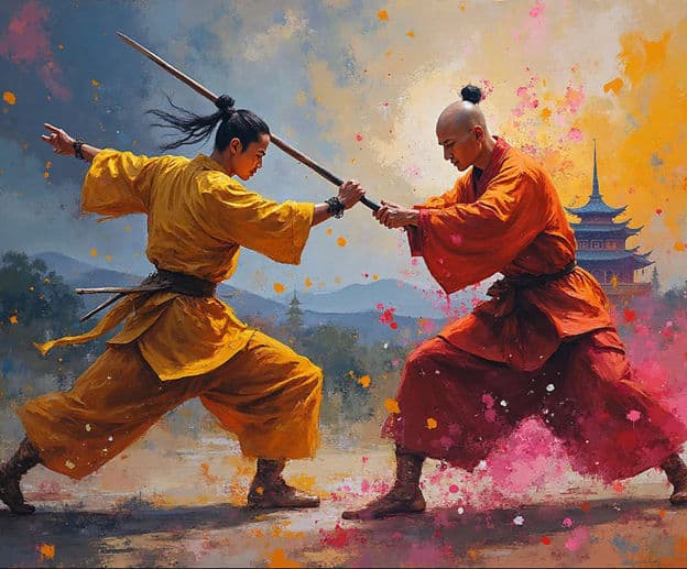 Warriors Spear Duel Yellow Orange Robes Pagoda Splatter
