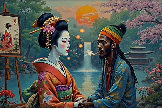 Geisha Man Smoking Waterfall Scroll Portrait Pagoda Blossoms