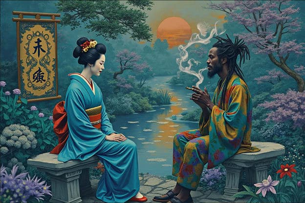 Geisha Man Smoking Bench Scroll Kanji Pond Purple Blossoms