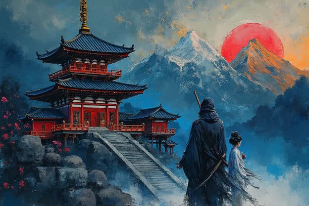 Hooded Swordsman Girl Red Pagoda Castle Snowy Mountains Red Sun