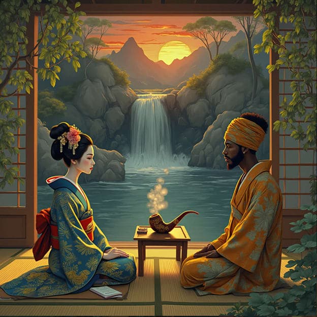 Geisha Man Smoking Pipe Tatami Room Waterfall Sunset