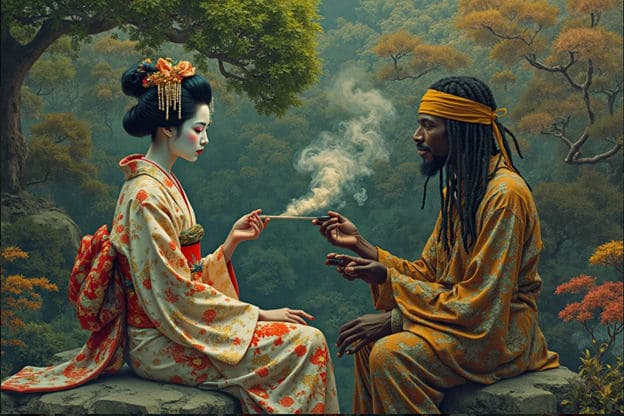 Geisha Passing Cigarette Man Autumn Forest Scene